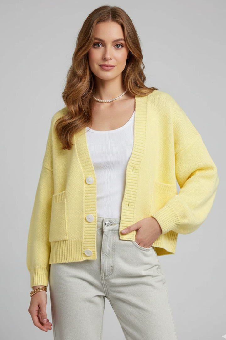 Women’s Knit Cardigan with V-Neckline and Button-Front Design