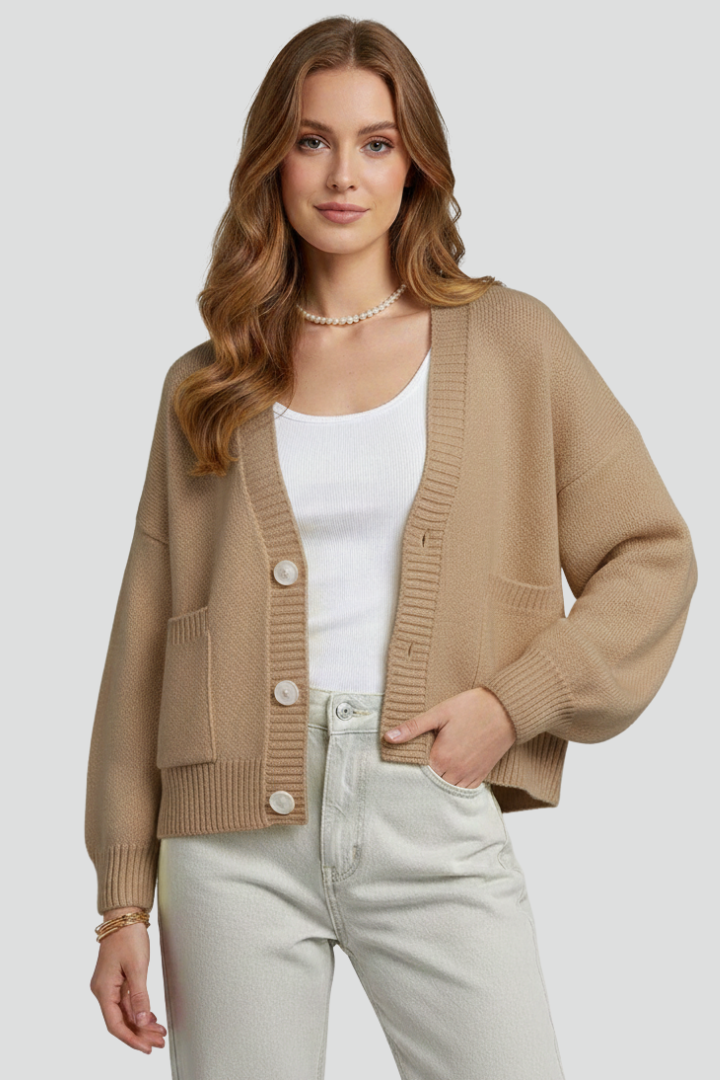 Women’s Knit Cardigan with V-Neckline and Button-Front Design