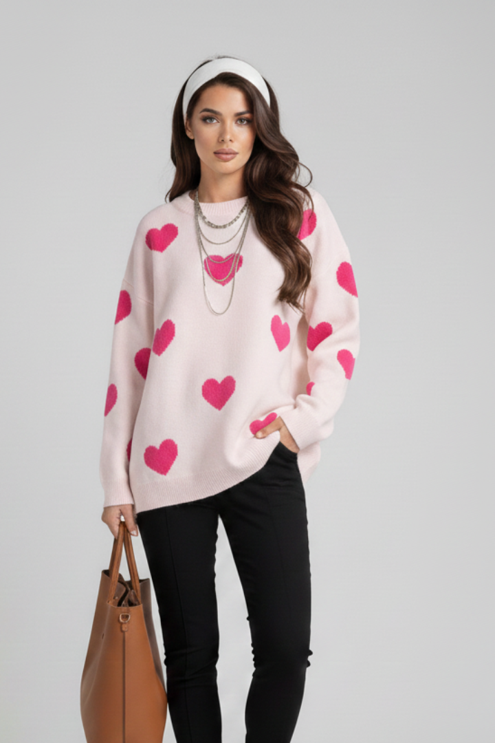 Women’s Knit Jumper with Round Neck and Heart Pattern