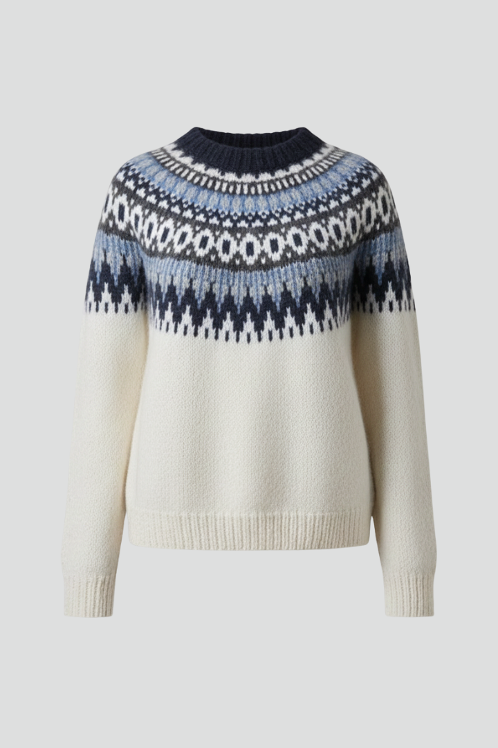 Women’s Knit Sweater with Patterned Yoke and Ribbed Hem