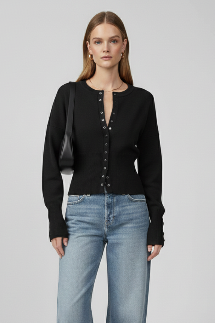 Women’s Knitted Cardigan with Round Neckline and Button-Front Design