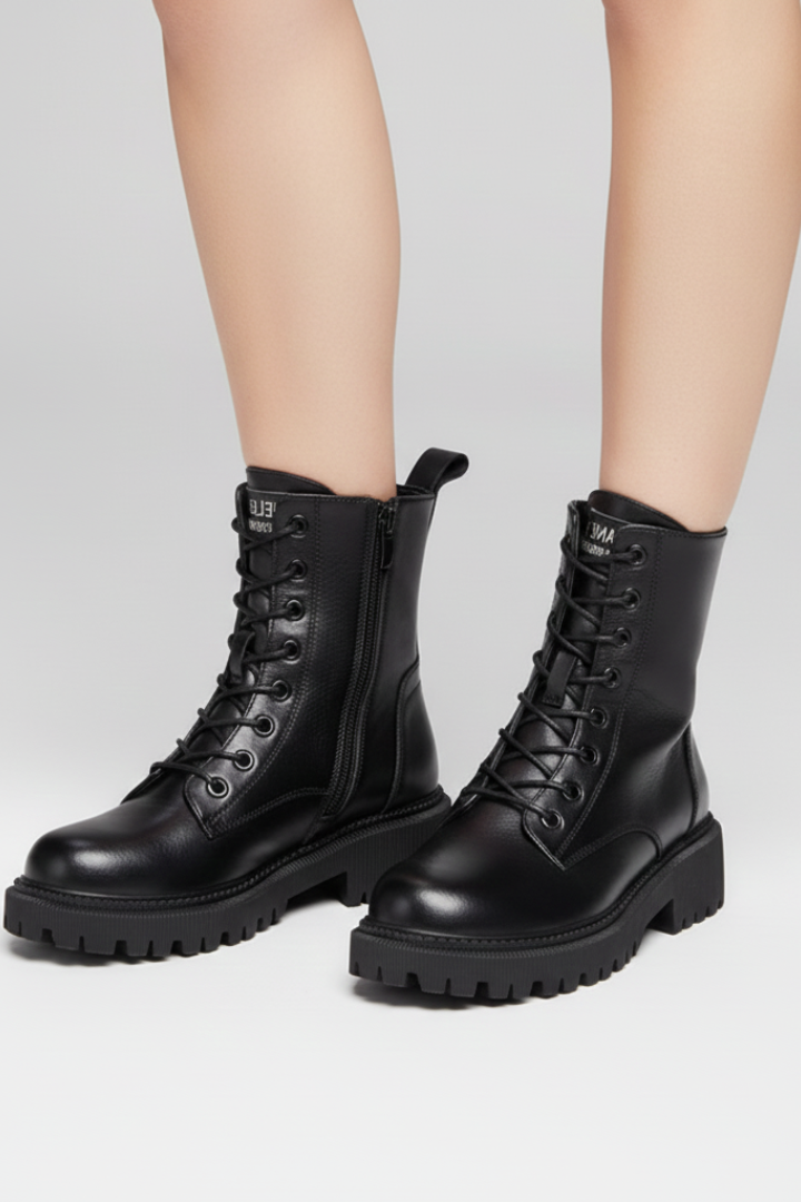 Women’s Lace-Up Boots with Side Zipper and Chunky Sole