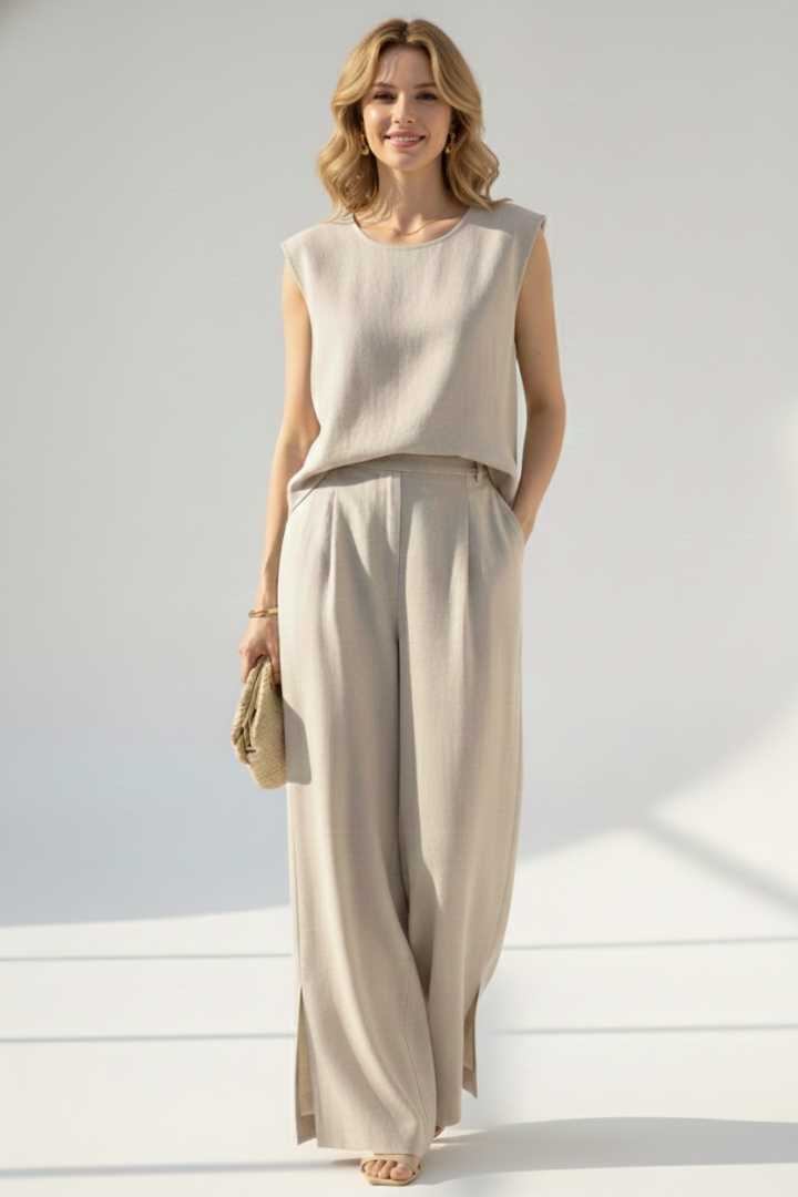 Women’s Linen Set with Sleeveless Top and Wide-Leg Trousers