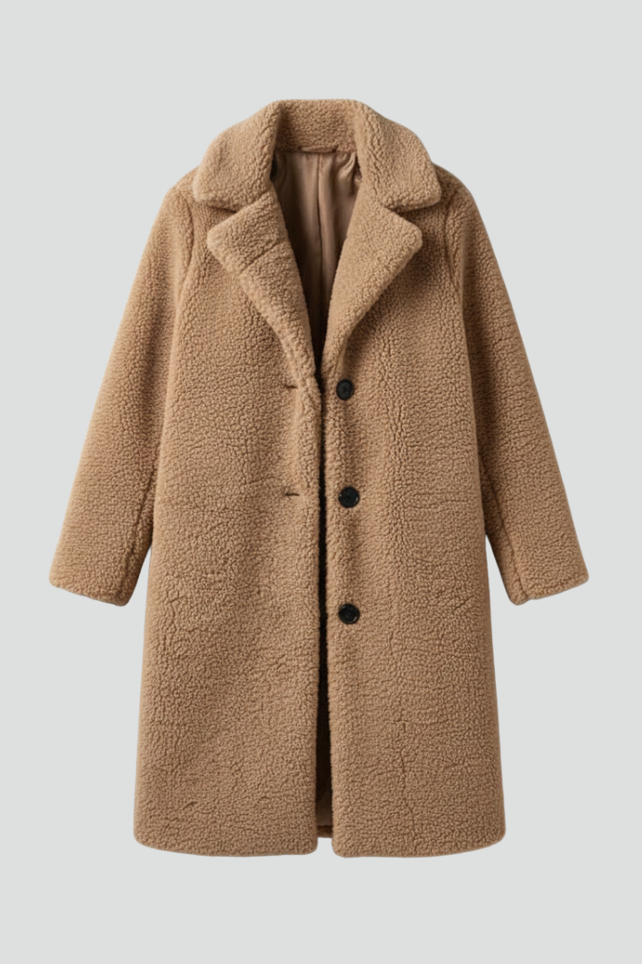 Women's Long Coat with Wide Collar and Button Fastening