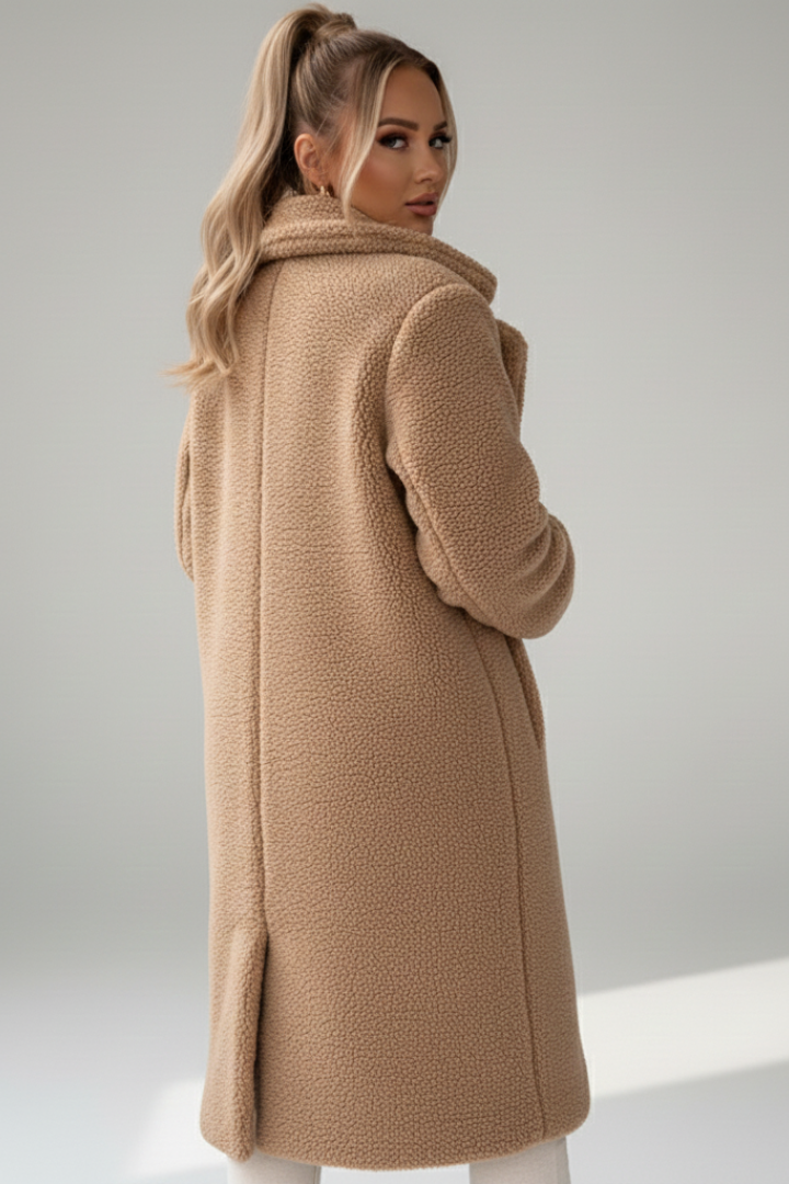 Women's Long Coat with Wide Collar and Button Fastening