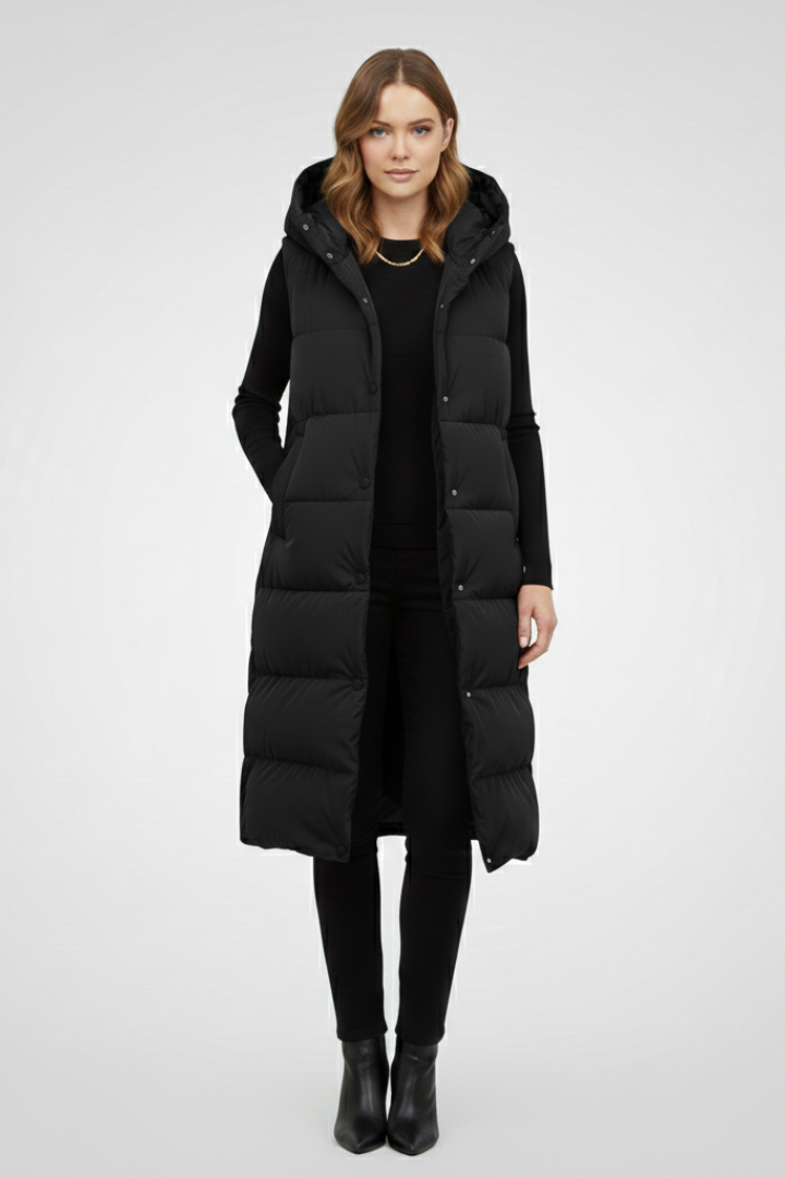 Women’s Long Vest with Hood and Snap Fastening