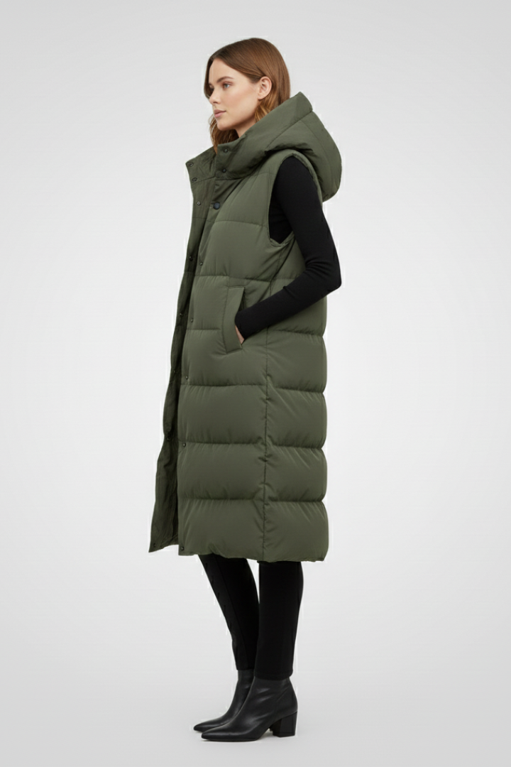 Women’s Long Vest with Hood and Snap Fastening