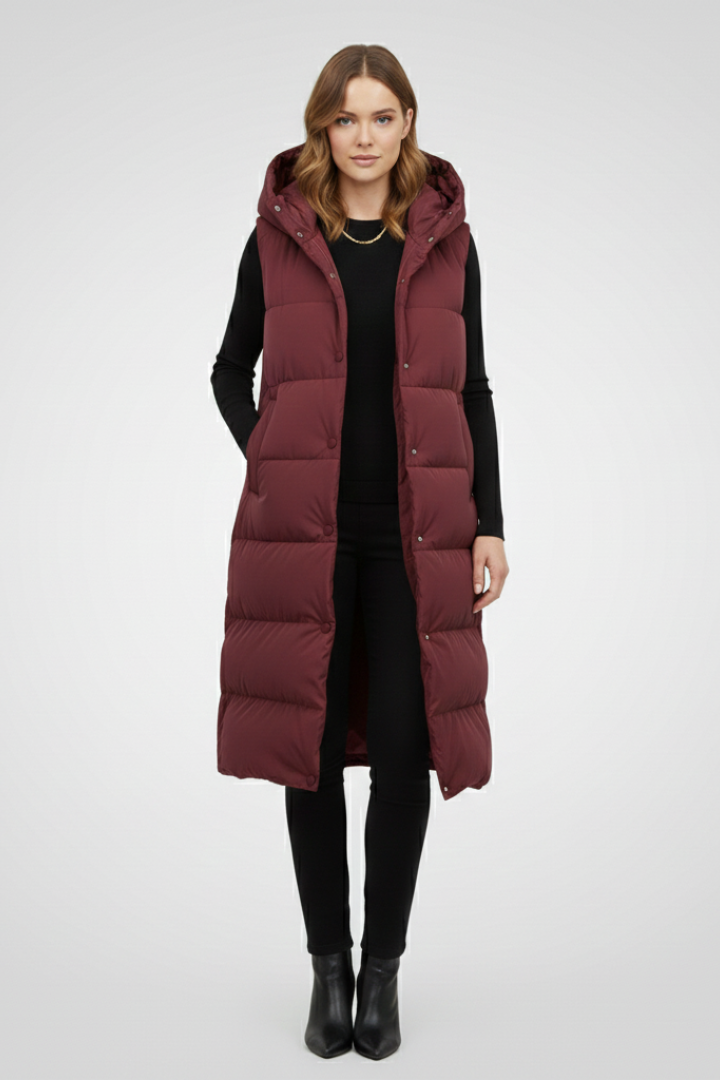 Women’s Long Vest with Hood and Snap Fastening