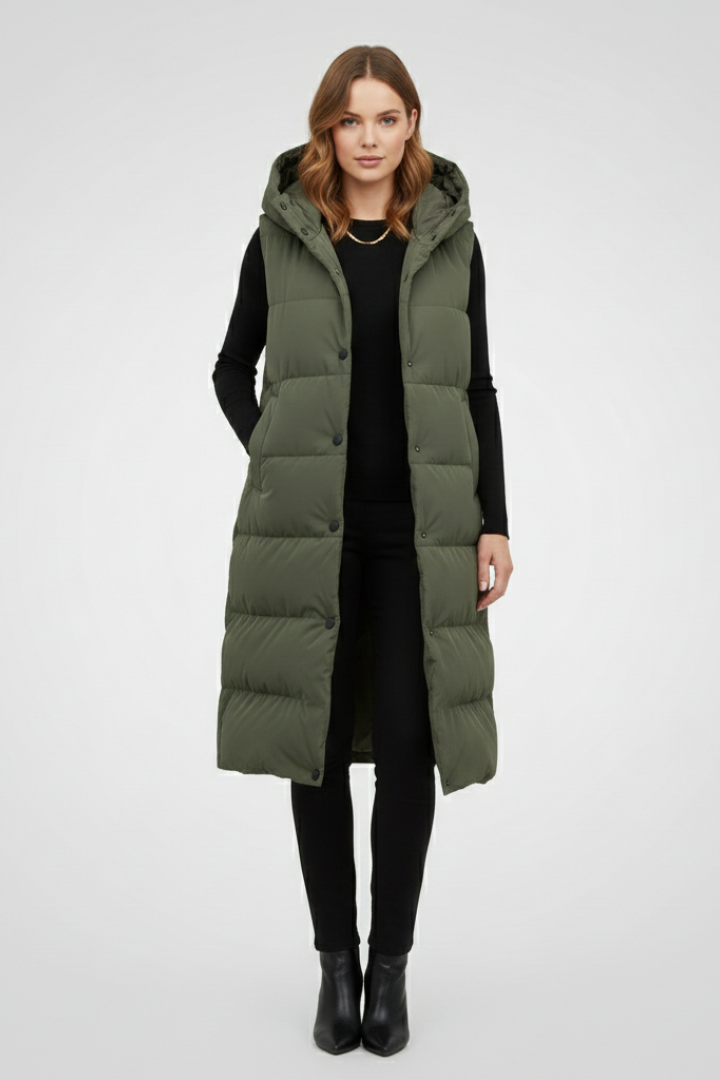Women’s Long Vest with Hood and Snap Fastening