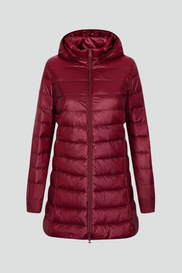 Women's Long Puffer Jacket with Hood and Front Zip Fastening