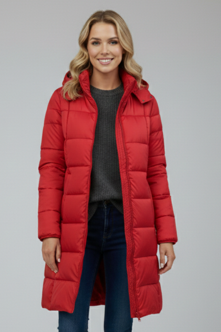 Women's Long Puffer Jacket with Hood and Front Zip Fastening