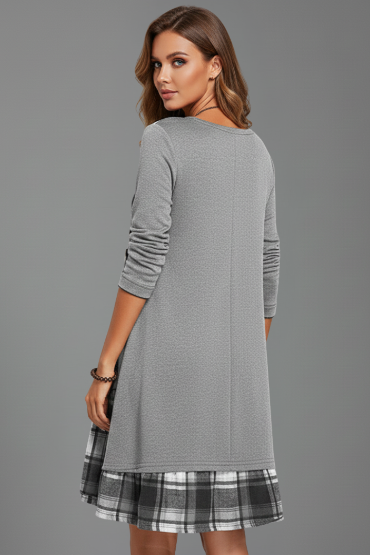 Women’s Long Sleeve Dress with V Neckline and Button Detail