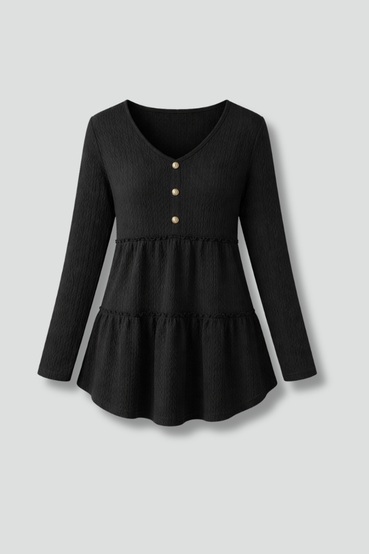 Women’s Long Sleeve Top with V-Neck and Tiered Hem