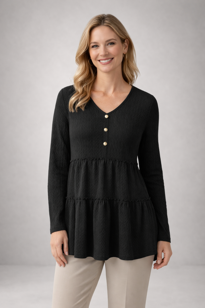 Women’s Long Sleeve Top with V-Neck and Tiered Hem