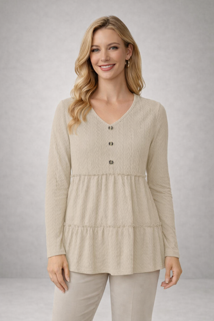 Women’s Long Sleeve Top with V-Neck and Tiered Hem