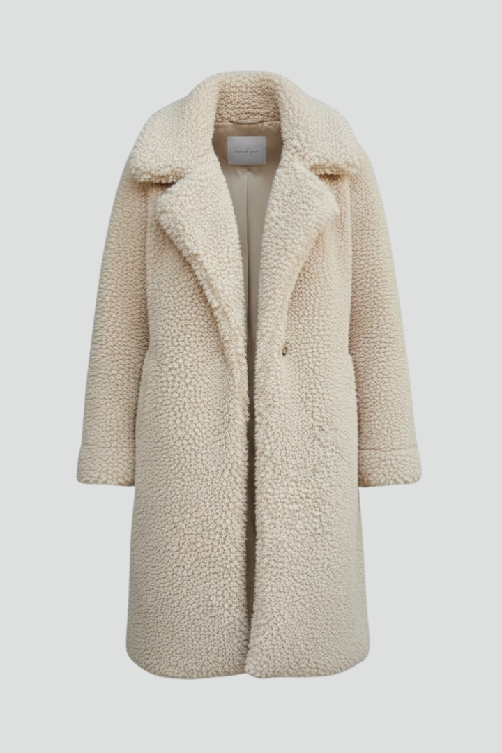 Women’s Long Teddy Coat with Notched Collar and Button Closure