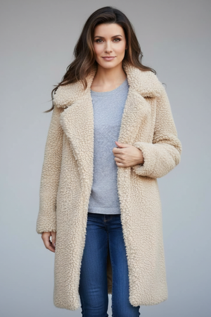 Women’s Long Teddy Coat with Notched Collar and Button Closure
