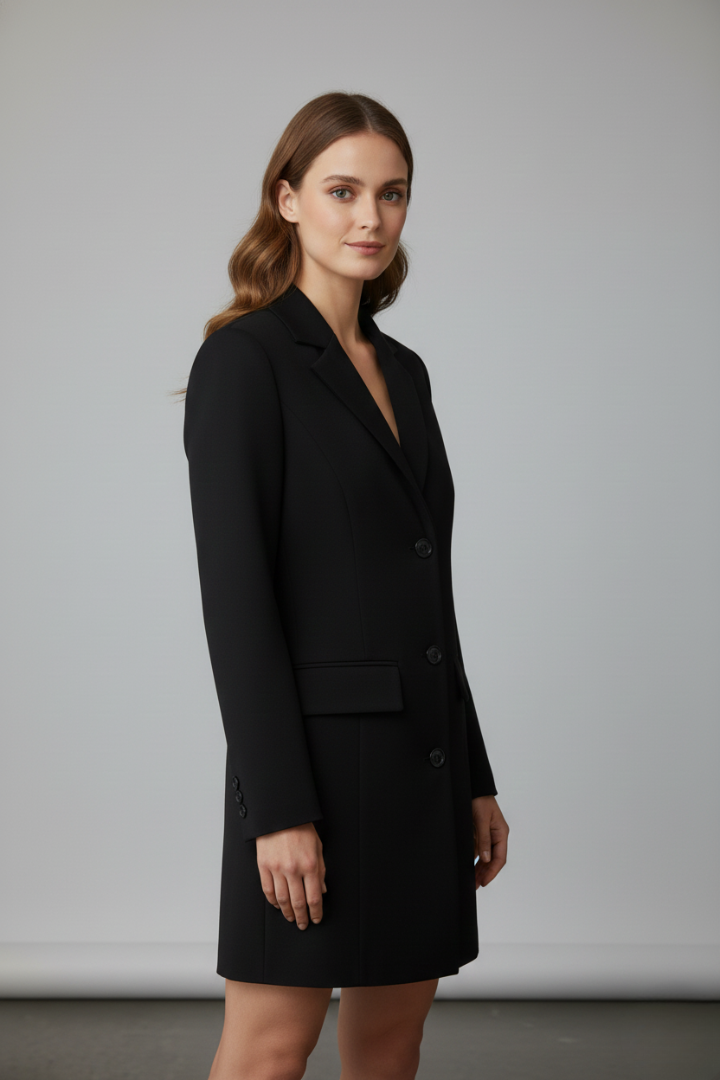 Women’s Longline Blazer with Notched Lapel and Front Buttons