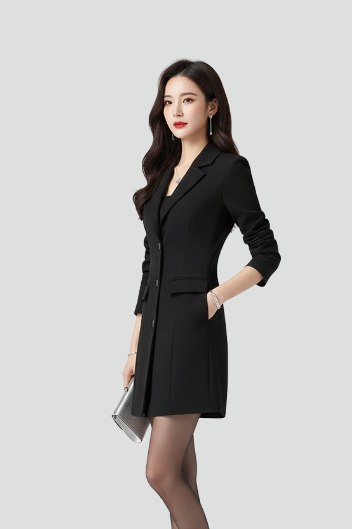 Women’s Longline Blazer with Notched Lapel and Front Buttons