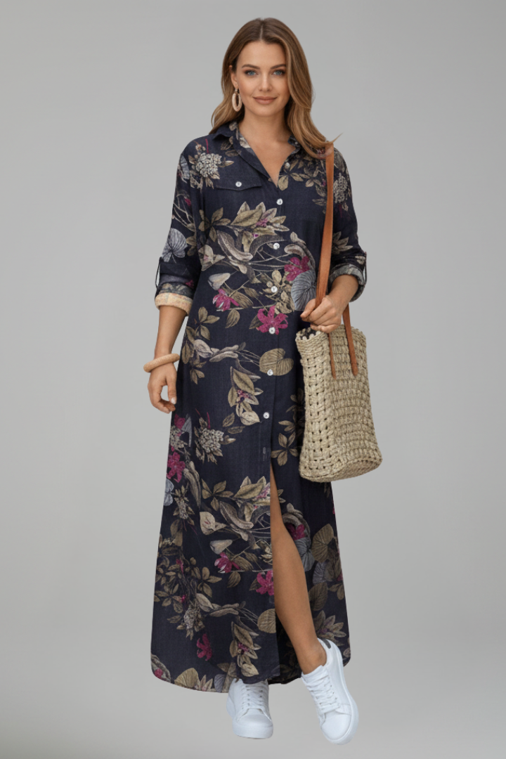 Women’s Maxi Dress with Collar Neckline and Button Placket