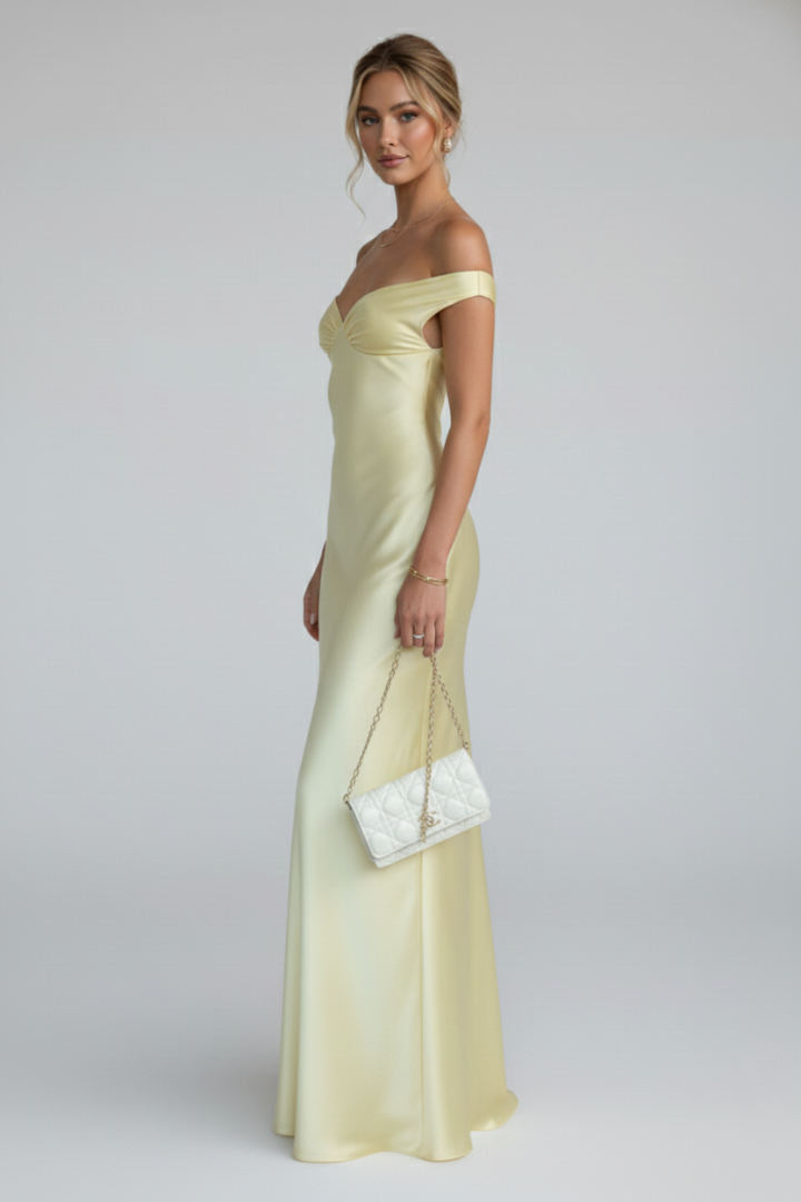 Women’s Maxi Dress with Off-Shoulder Neckline and Fitted Upper