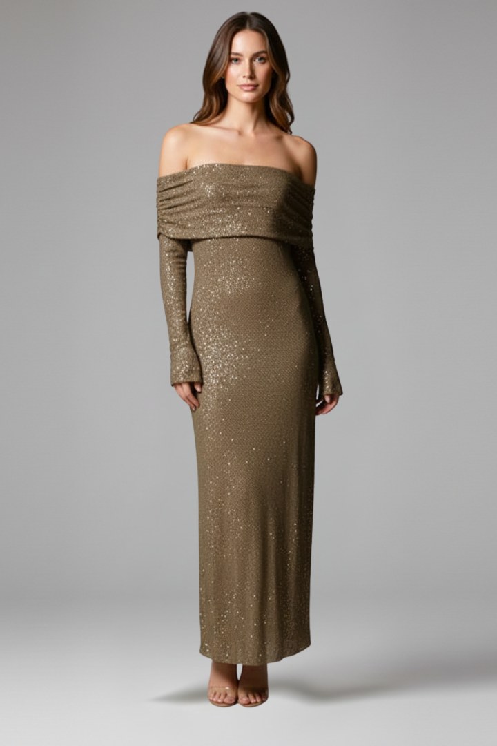 Women’s Maxi Dress with Off-Shoulder Neckline and Long Sleeves