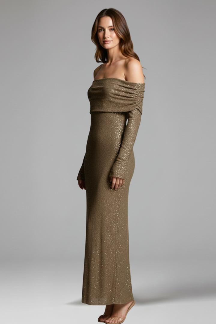 Women’s Maxi Dress with Off-Shoulder Neckline and Long Sleeves