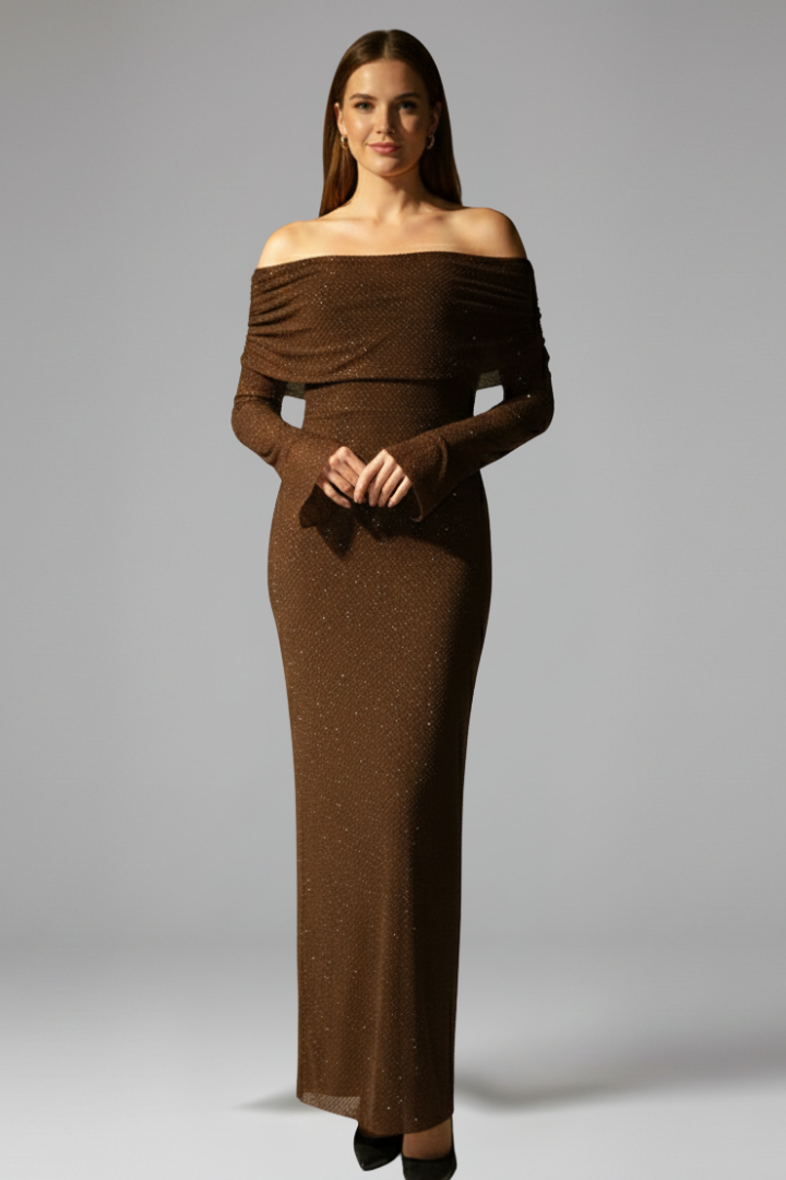Women’s Maxi Dress with Off-Shoulder Neckline and Long Sleeves