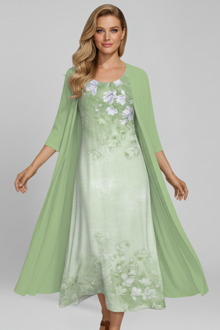 Women’s Maxi Dress with Open Cardigan and Printed Surface