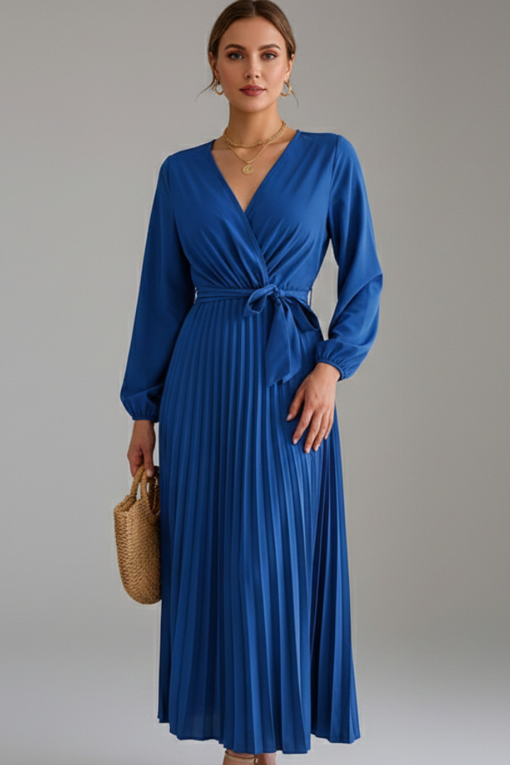 Women’s Maxi Dress with Pleated Skirt and Sleeves