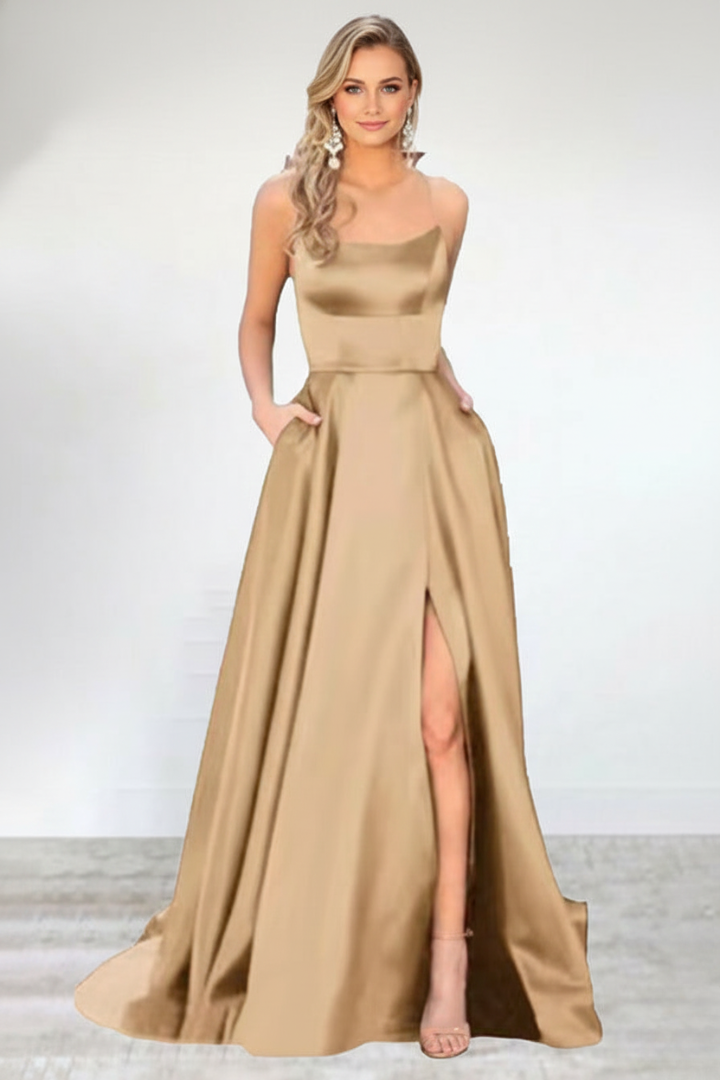 Women’s Maxi Dress with Shoulder Straps and Front Slit