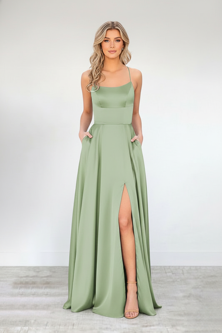Women’s Maxi Dress with Shoulder Straps and Front Slit
