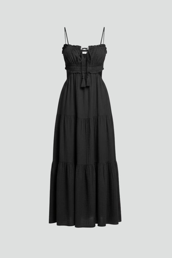 Women’s Maxi Dress with Straight Neckline and Tiered Skirt