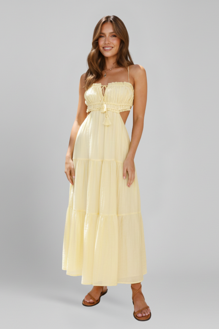 Women’s Maxi Dress with Straight Neckline and Tiered Skirt