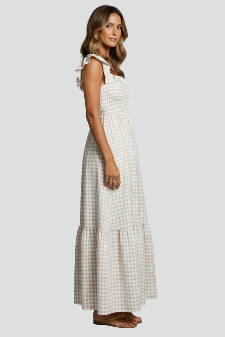 Women’s Maxi Dress with Textured Bodice and Ruffled Sleeves