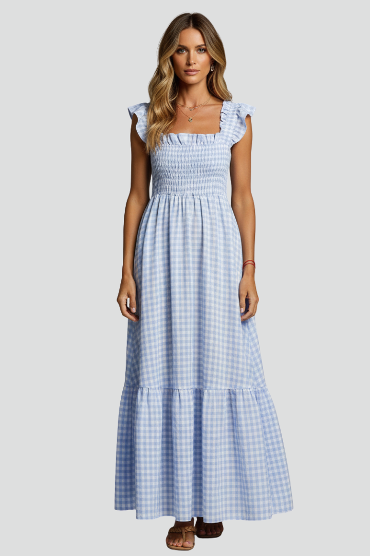 Women’s Maxi Dress with Textured Bodice and Ruffled Sleeves