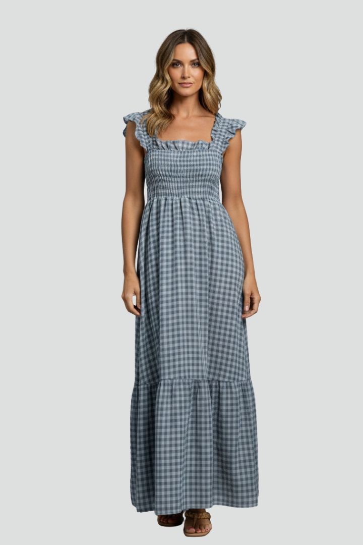 Women’s Maxi Dress with Textured Bodice and Ruffled Sleeves
