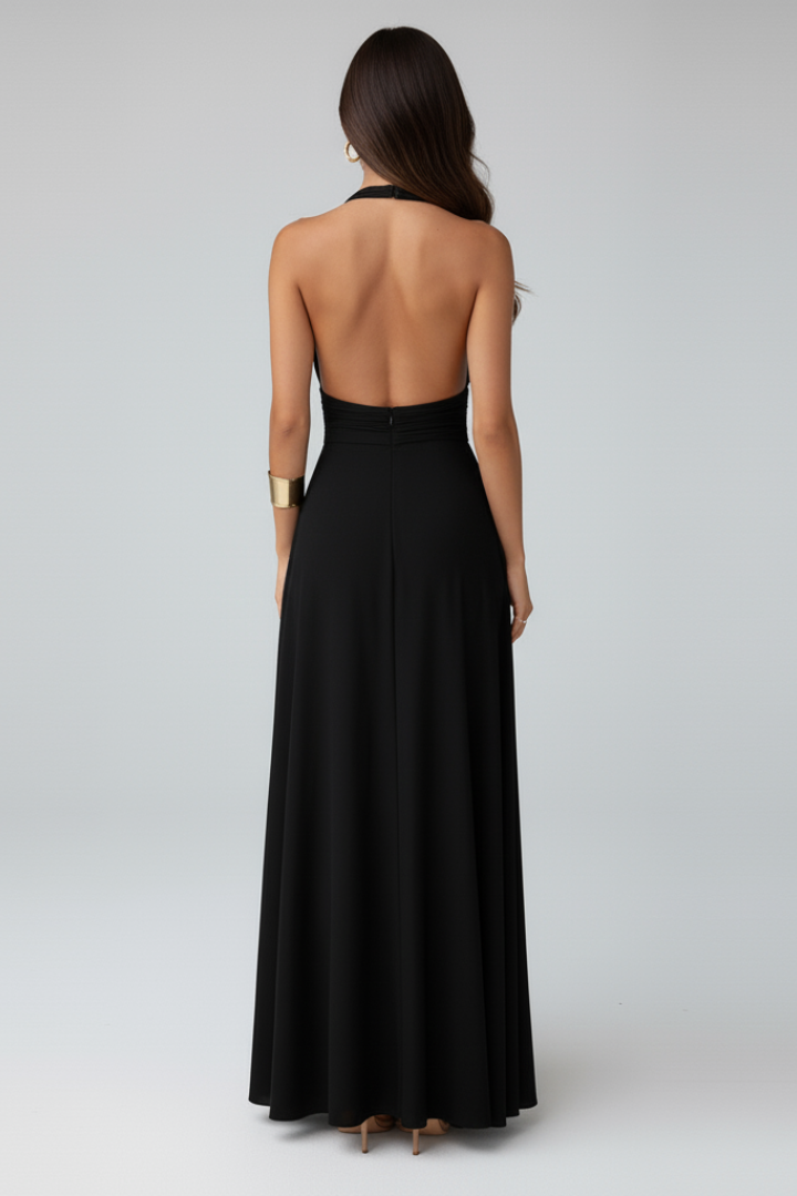 Women’s Maxi Dress with Tie Neck and Slit