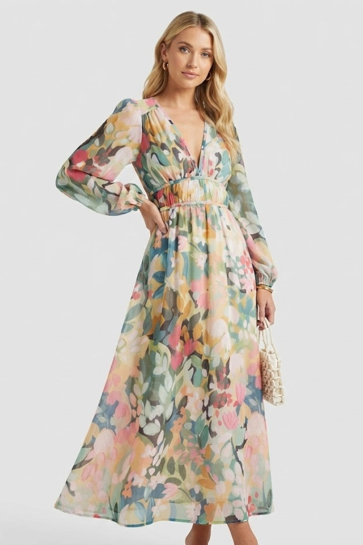 Women’s Maxi Dress with V Neck and Floral Print