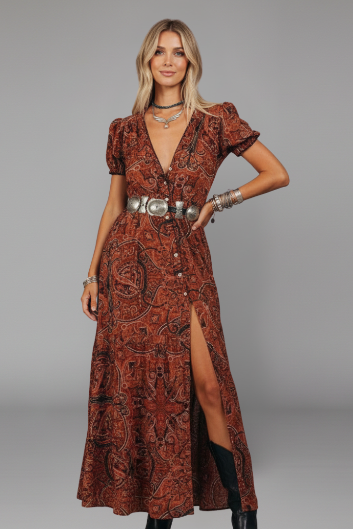 Women’s Maxi Dress with V Neckline and Long Sleeves