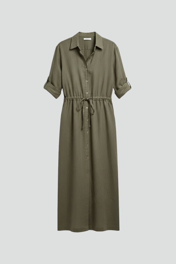 Women’s Maxi Shirt Dress with Long Sleeves and Drawstring Waist
