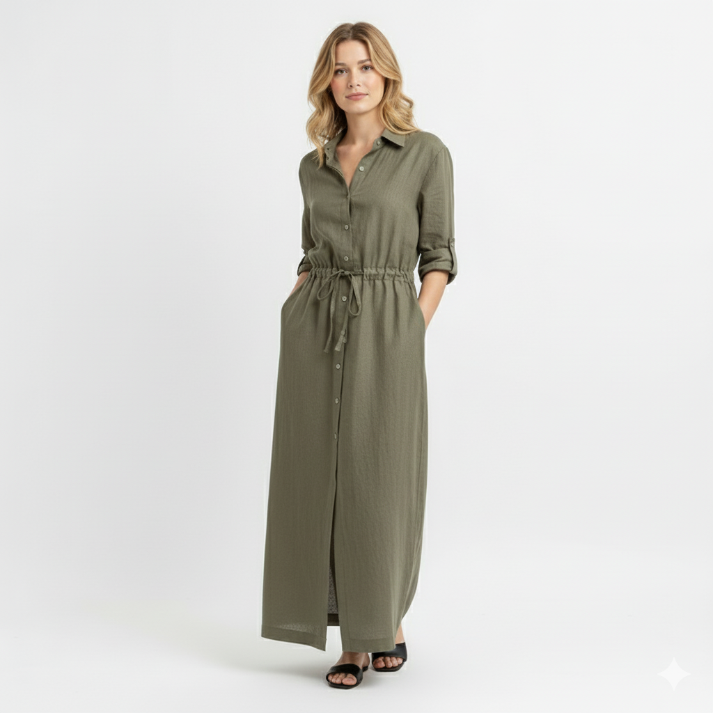 Women’s Maxi Shirt Dress with Long Sleeves and Drawstring Waist