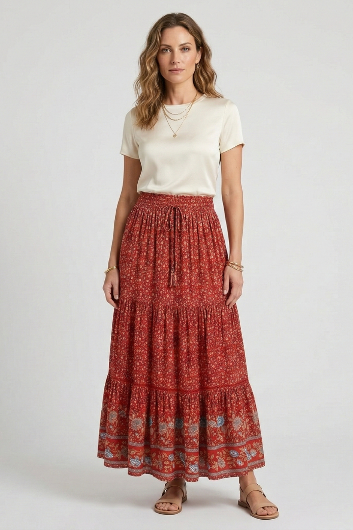 Women’s Maxi Skirt with Elastic Waist and Floral Print