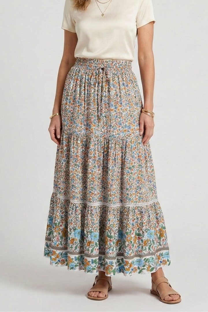 Women’s Maxi Skirt with Elastic Waist and Floral Print