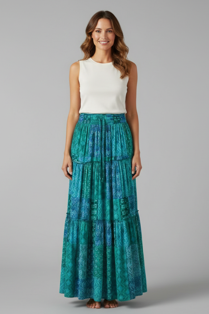 Women’s Maxi Skirt with Elastic Waist and Tiered Panels