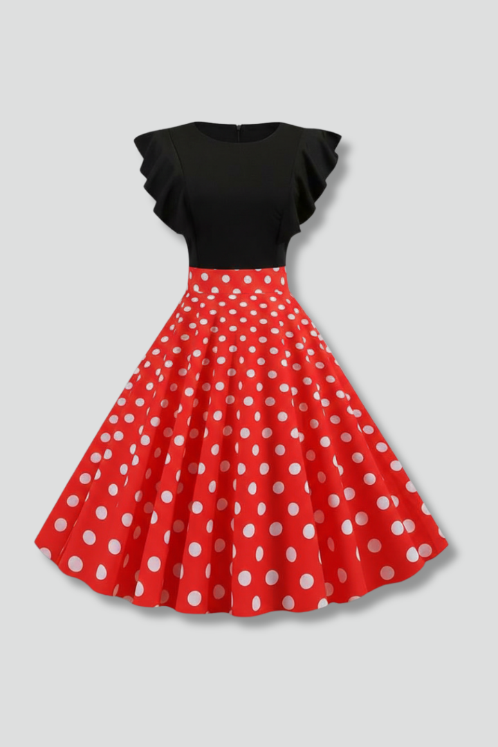 Women’s Midi Dress with Flutter Sleeves and Polka Dot Skirt