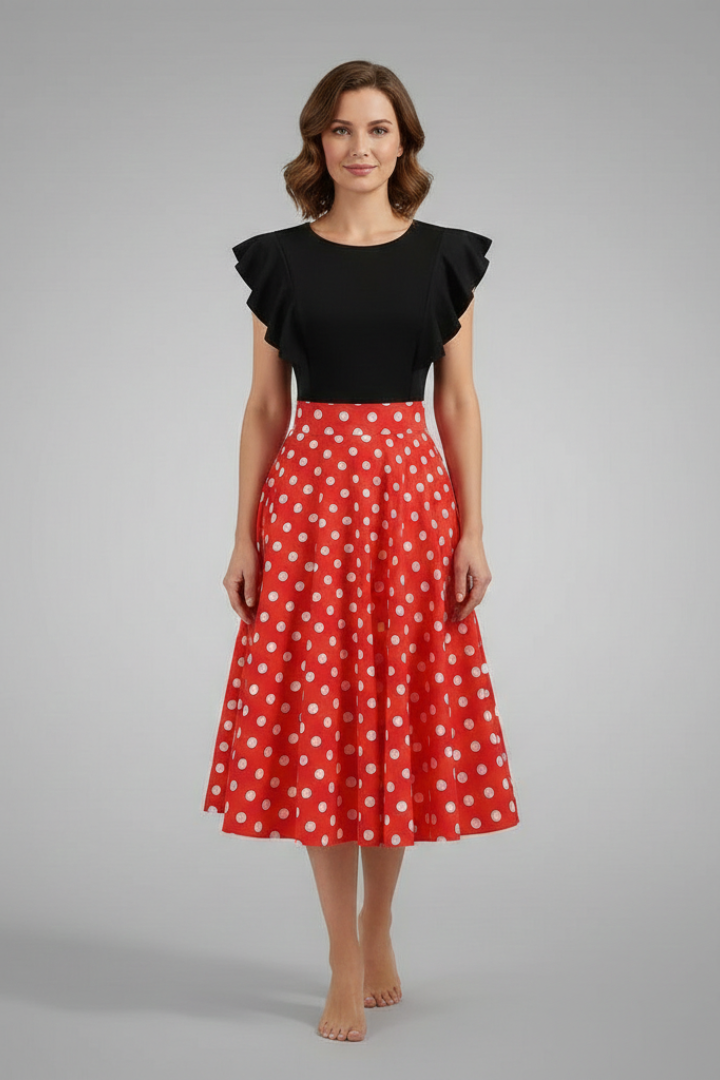 Women’s Midi Dress with Flutter Sleeves and Polka Dot Skirt