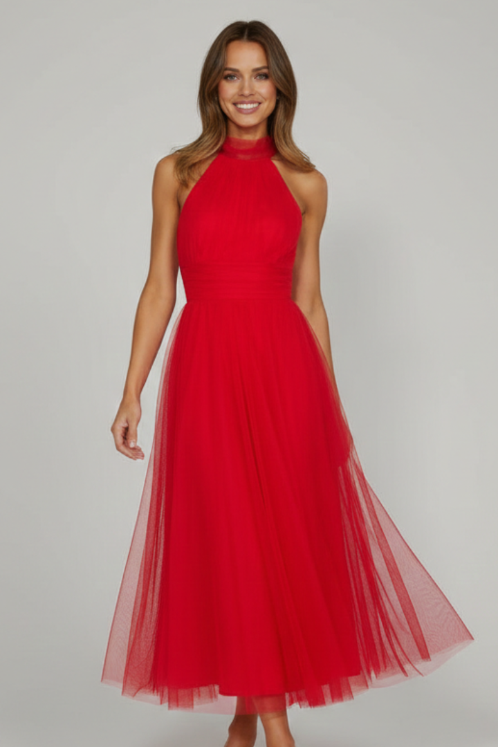 Women’s Midi Dress with Halter Neck and Layered Skirt