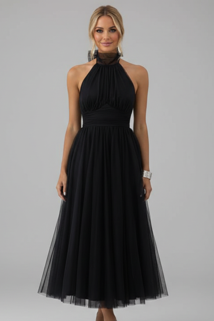 Women’s Midi Dress with Halter Neck and Layered Skirt