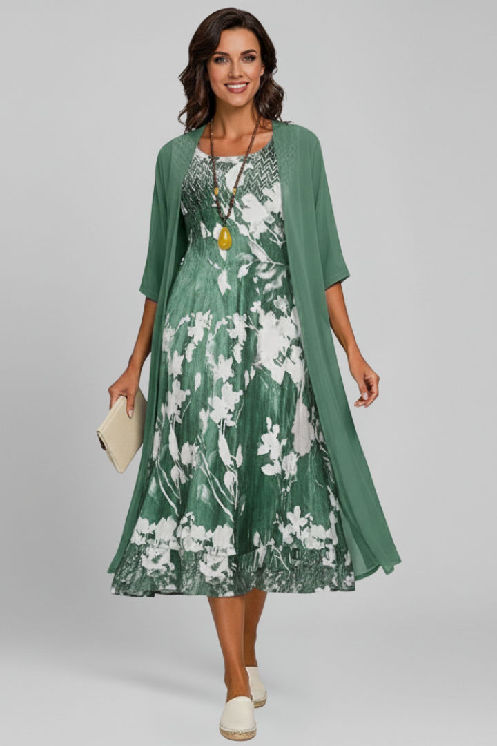 Women’s Midi Dress with Open Cardigan and Patterned Surface